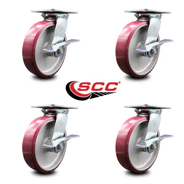 8 Inch Heavy Duty Poly On Aluminum Caster Set With Roller Bearings And Brakes